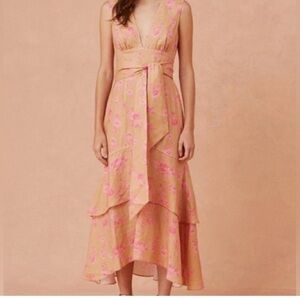 Keepsake The Label Floral Hi-Low Dress Nude Pink Sleeveless Ruffle Tie Women M